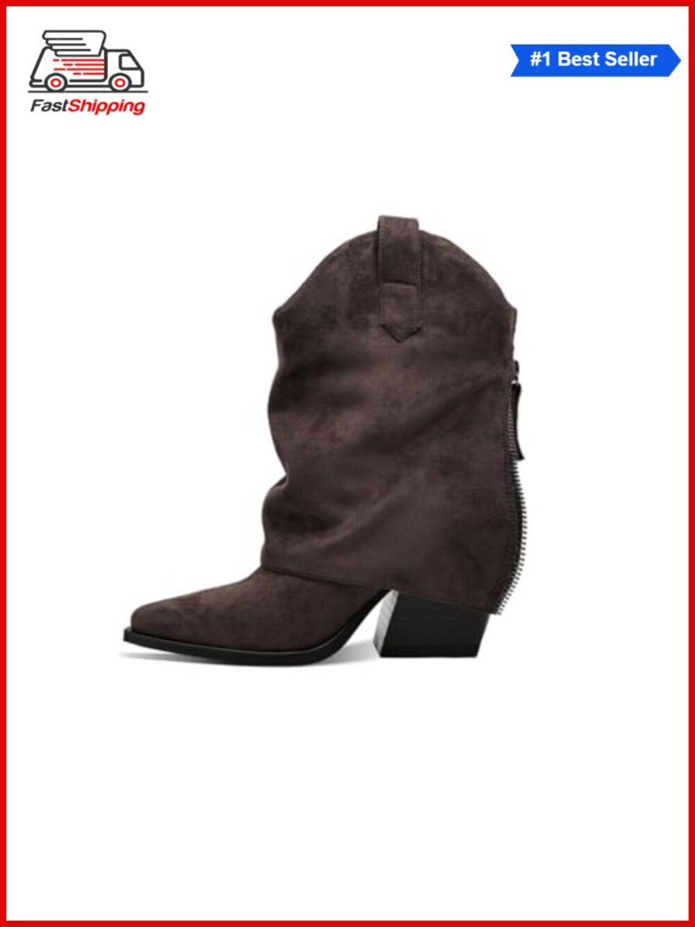 ✨ Fold Over Ankle Booties Pointed Toe Chunky Mid Heel Side Zip